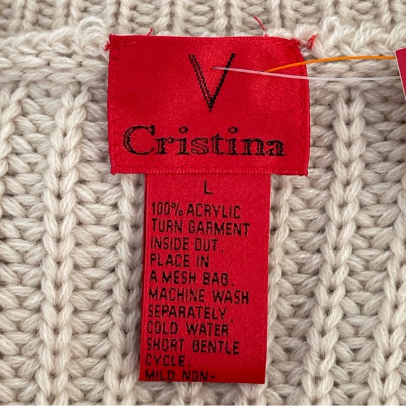 V Cristina Knit Sweater Embellished 3/4 Bell Sleeve V-Neck Beige Hi-low Hem - Picture 9 of 10